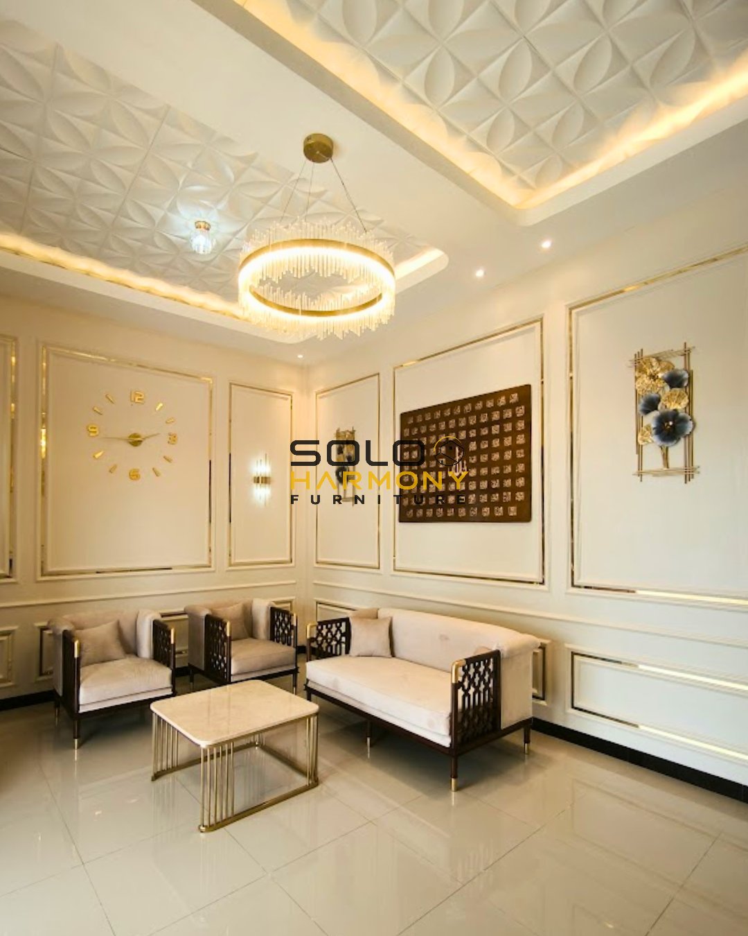 Interior Set Ruang Tamu Minimalis Mewah Nuansa Gold di Boyolali — Solo Harmony Furniture
