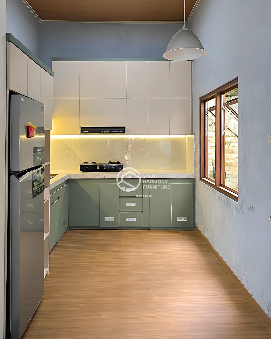 Kitchen Set L-Shape Sage Green — Bapak Aan — Kitchen Set di Kadipiro, Solo · Solo Harmony Furniture Soloraya