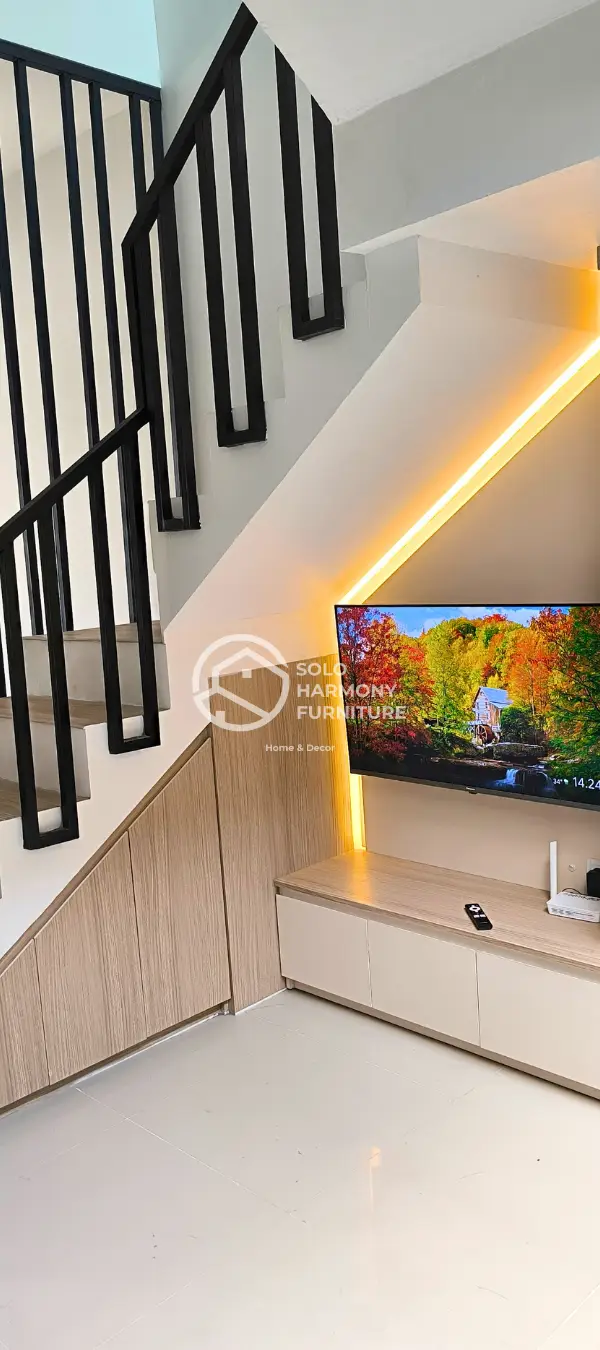 Backdrop TV Backdrop TV & Multifunction Understairs Cabinet di Solo Baru, Sukoharjo — Solo Harmony Furniture