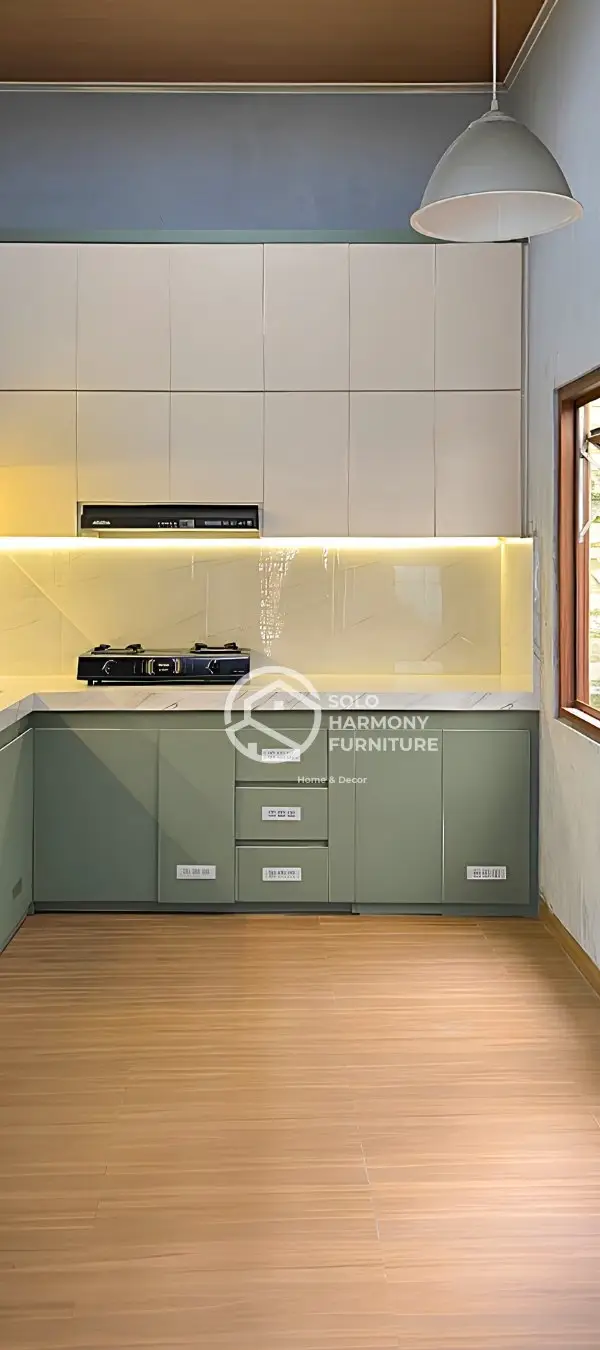 Kitchen Set L-Shape Sage Green — Bapak Aan — Kitchen Set di Kadipiro, Solo · Solo Harmony Furniture Soloraya