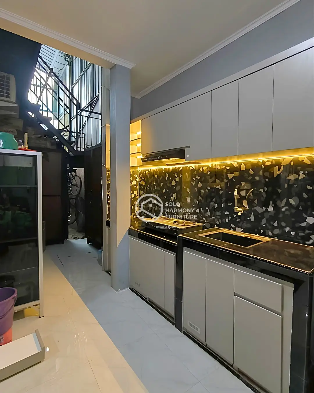 Kitchen Set Grey Kitchen Set with Black Terrazzo — Ibu Andwi di Malangjiwan - Karanganyar. Colomadu — Solo Harmony Furniture
